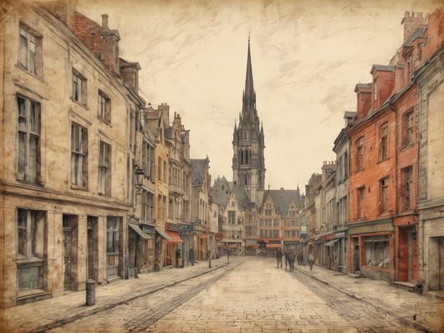 Auf dem Bild ist eine altmodische Straßenszene mit einem Blick auf eine Kirche und historische Gebäude zu sehen. Die Architektur erinnert an europäische Städte, die oft in der Zeit der Unabhängigkeit Belgiens aus dem 19. Jahrhundert gebaut wurden. Diese Epoche war geprägt von einer Reihe von Bauwerken, die den Hinweis auf nationale Identität und kulturelles Erbe verstärkten. Die ruhige Atmosphäre der Straße spiegelt die Veränderungen wider, die Belgien in dieser Zeit erlebte, als es sich von den niederländischen Provinzen löste und seine Unabhängigkeit erklärte.