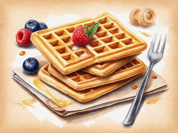 Auf dem Bild sind köstliche Waffeln zu sehen, die kunstvoll gestapelt sind. Sie sind außen goldbraun und haben die charakteristischen Waffelrückflächen. Neben den Waffeln liegen frische Beeren, darunter Himbeeren und Blaubeeren, sowie ein kleiner Löffel Honig.

**Geheimes Waffelrezept:**

1. **Zutaten:**
   - 250 g Mehl
   - 50 g Zucker
   - 1 TL Backpulver
   - 1 Prise Salz
   - 2 große Eier
   - 400 ml Milch
   - 100 g Butter, geschmolzen
   - Ein bisschen Vanilleextrakt für das besondere Etwas

2. **Zubereitung:**
   - In einer Schüssel Mehl, Zucker, Backpulver, und Salz vermengen.
   - In einer anderen Schüssel die Eier, Milch und geschmolzene Butter gut vermischen. Vanilleextrakt hinzufügen.
   - Die flüssigen Zutaten langsam zu den trockenen geben und alles gut verrühren, bis der Teig glatt ist.
   - Das Waffeleisen vorheizen und leicht einfetten.
   - Eine Portion Teig ins Waffeleisen geben und goldbraun backen. 

3. **Servieren:**
   - Mit frischen Beeren, Honig oder Ahornsirup garnieren. 

Ein Geheimtipp: Für extra fluffige Waffeln das Eiweiß steif schlagen und vorsichtig unter den Teig heben! Guten Appetit!