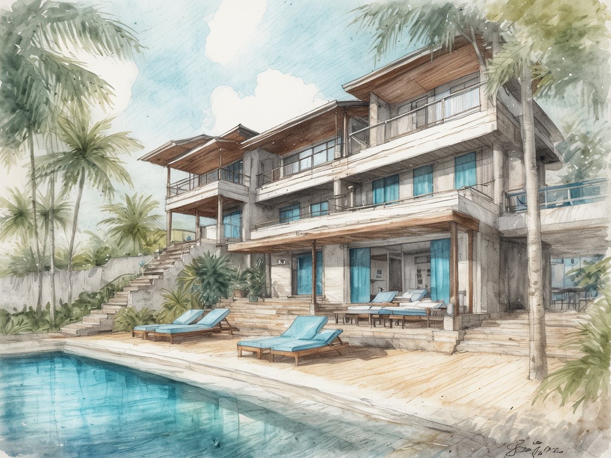 Eine künstlerische Zeichnung eines modernen, mehrstöckigen Hauses mit großen Fenstern und einem Balkon. Vor dem Haus erstreckt sich ein Holzdeck mit blauen Liegen und einem Swimmingpool, der im Vordergrund sichtbar ist. Palmen und tropische Pflanzen umgeben das Grundstück, und der Himmel ist leicht bewölkt. Die Architektur vermittelt ein Gefühl von Eleganz und Entspannung, welches mit einem Aufenthalt im Centara Chaweng Beach Resort, Koh Samui, Thailand, assoziiert wird.