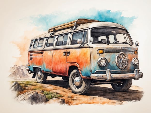 Auf dem Bild ist ein buntes Volkswagen-Bus-Modell zu sehen, das auf einer malerischen Landschaft steht. Dieses Fahrzeug weckt Erinnerungen an Roadtrips und Abenteuerreisen. Man könnte sich vorstellen, wie Gruppen von Freunden oder Familienmitglieder in diesem Bus unterwegs sind, um die Natur zu erkunden, am Strand zu entspannen oder Campingausflüge zu machen. Es strahlt eine nostalgische Atmosphäre aus, die zum Entdecken und Genießen der Freiheit einläd.