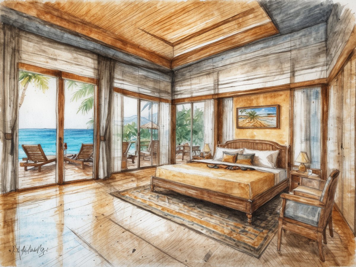 Ein modernes Schlafzimmer mit einem großen Doppelbett und sanften Farben, das an einem Strand in Khao Lak liegt. Große Fenster bieten einen Blick auf das Meer und eine Terrasse mit Liegen. Der Raum ist hell und einladend, mit Holzvertäfelungen und einer gemütlichen Sitzecke. Ein Bild eines Strandes schmückt die Wand, während die Einrichtung durch eine warme Atmosphäre besticht.