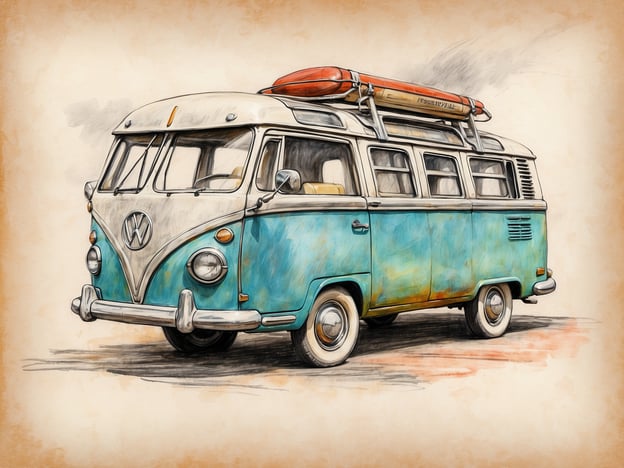 Auf dem Bild ist ein klassischer Volkswagen-Bus (VW-Bus) zu sehen, der oft mit Camping und Freizeit in Verbindung gebracht wird. Er hat eine charakteristische blaue und weiße Lackierung und ist mit einem Dachgepäckträger ausgestattet, auf dem ein Surfbrett liegt. Solche Fahrzeuge sind für Roadtrips und Strandbesuche beliebt. Sie bieten viel Platz und sind vielfältig einsetzbar, zum Beispiel als Campingfahrzeug oder für Gruppenreisen. Der VW-Bus ist ein ikonisches Symbol der 1960er und 1970er Jahre und hat eine große Fangemeinde.