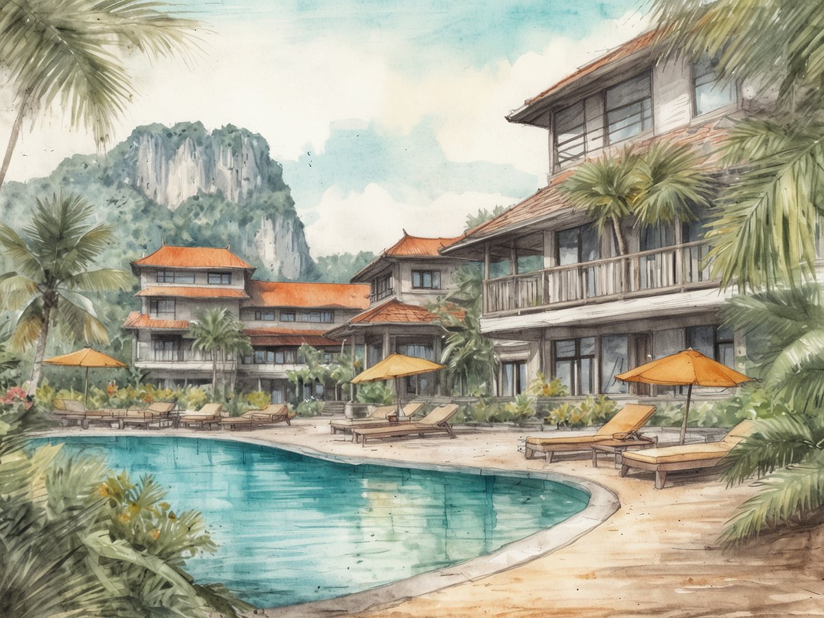 Ein tropisches Resort mit mehreren Gebäuden im thailändischen Stil, umgeben von Palmen und üppiger Vegetation. Im Vordergrund ist ein eleganter Pool mit einer geschwungenen Form, gesäumt von Sonnenliegen und Sonnenschirmen in Orange. Im Hintergrund erheben sich majestätische Felsen unter einem blauen Himmel mit einigen Wolken, während die Architektur der Gebäude harmoniereich in die natürliche Umgebung eingebettet ist.