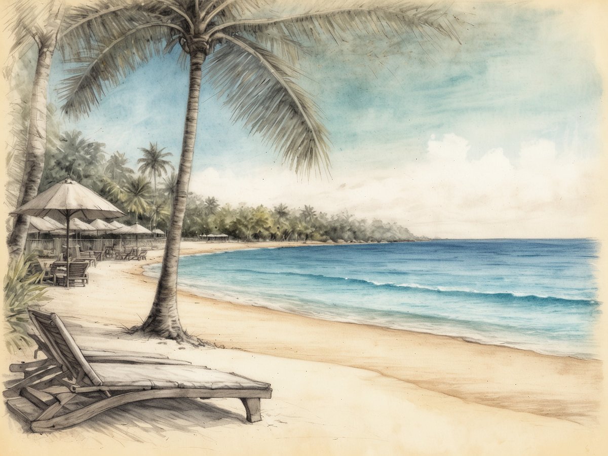 Ein idyllischer Strand mit palmengesäumtem Ufer und sanften Wellen, die sanft auf den Sand treffen. Sonnenliegen aus Holz stehen bereit, während Sonnenschirme Schatten werfen. Im Hintergrund sind weitere Strukturen und üppige tropische Vegetation zu sehen. Der Himmel ist klar und blau, und die Atmosphäre strahlt Ruhe und Entspannung aus, typisch für das Centara Seaview Resort Khao Lak in Thailand.