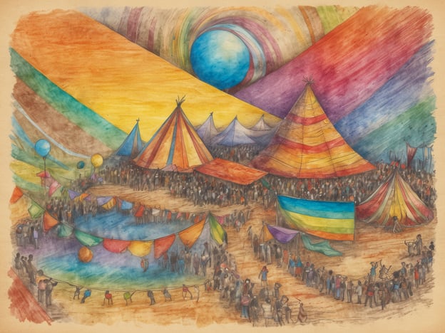 Auf dem Bild ist eine lebhafte Festival-Szene zu sehen, die an besondere und kreative Veranstaltungen abseits des Mainstreams erinnert. Die bunten Zelte und Girlanden schaffen eine fröhliche Atmosphäre, die an Festivals wie das "Burning Man" in Nevada oder das "Rainbow Gathering" denken lässt. 

Diese Art von Festivals betont oft Gemeinschaft, Selbstverwirklichung und kreative Ausdrucksformen. Man könnte auch an interaktive Events wie das "Portland Adult Soapbox Derby" oder das "Kites Over Lake Michigan" denken, bei denen die Verbindung zur Natur und einer alternativen Kultur im Mittelpunkt steht. Die Menschen auf dem Bild scheinen in einer harmonischen, individuellen und bunten Feier vereint zu sein.