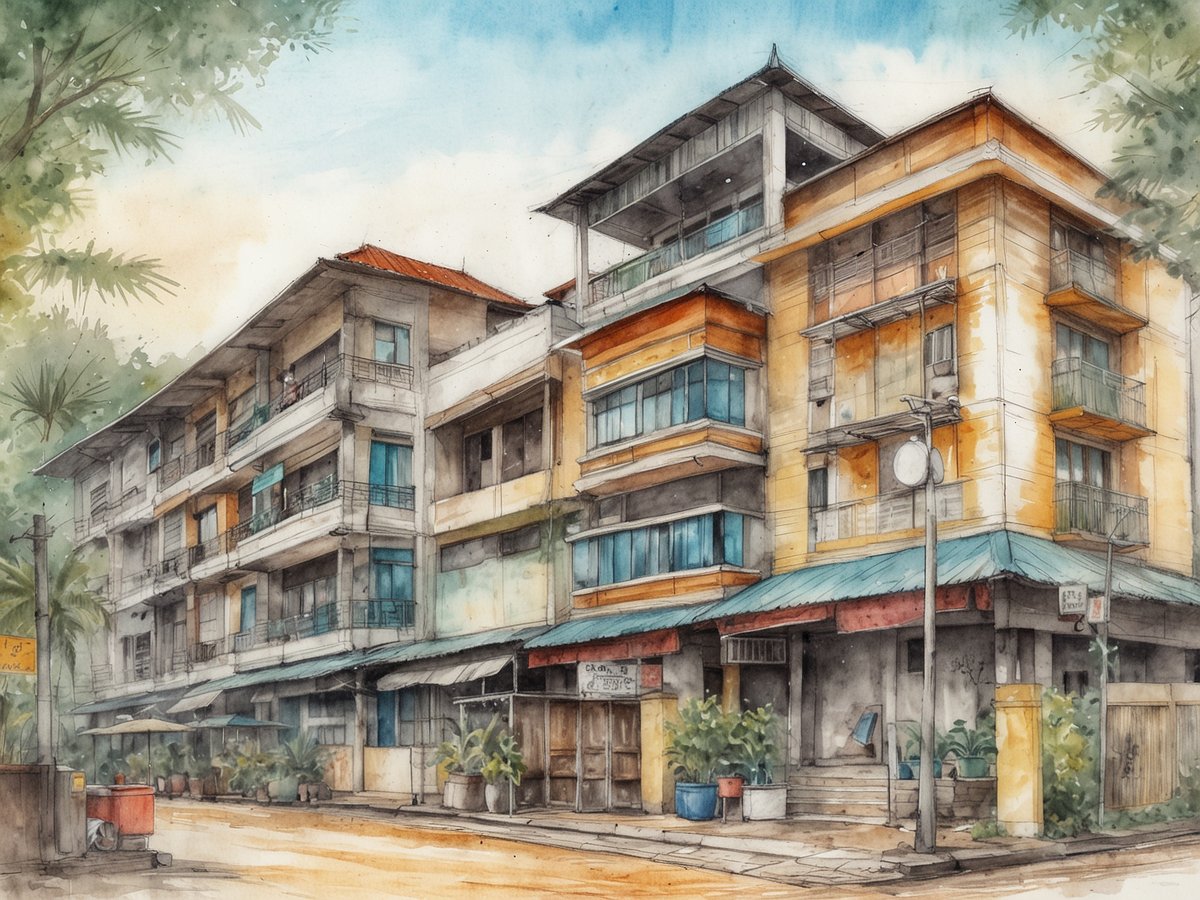 Das Bild zeigt eine architektonische Ansicht eines mehrstöckigen Gebäudes mit einem einladenden, nostalgischen Flair. Die Fassade ist in verschiedenen Farbtönen gestaltet, darunter helle Gelbtöne und bläuliche Fenster. Auf der unteren Etage sind Markisen sichtbar, die eine angenehme Atmosphäre schaffen, während Pflanzen in Töpfen den Bereich um das Gebäude begrünen. Auf der Straße sind einige Gehwege und ein Straßenlaterne zu sehen, umgeben von malerischen Elementen, die das Gesamtbild der urbanen Umgebung in Hat Yai, Thailand, vervollständigen.