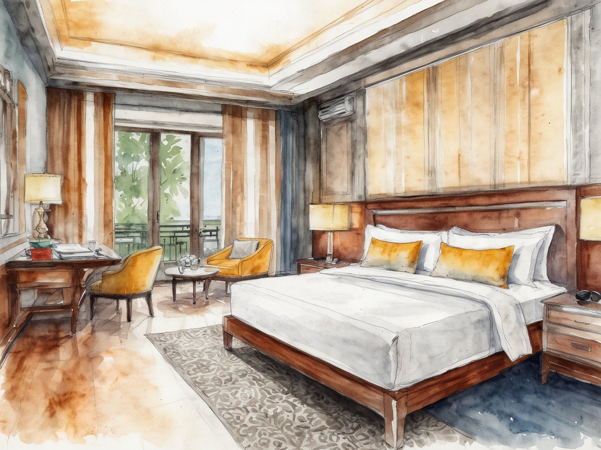 Das Bild zeigt ein elegantes Hotelzimmer im Centara Watergate Pavillion Hotel Bangkok. Im Vordergrund steht ein großes Bett mit weißen Laken und zwei orangefarbenen Kissen. An den Seiten des Bettes stehen Nachttische mit Lampen. Ein kleiner Tisch mit zwei gelben Stühlen und einer weißen Blumenvase befindet sich in der Ecke des Raumes. Der Raum hat große Fenster mit Aussicht auf grüne Bäume und lässt viel Licht herein. Die Wände sind in warmen Farbtönen gehalten, und der Boden ist aus Holz mit einem dekorativen Teppich.