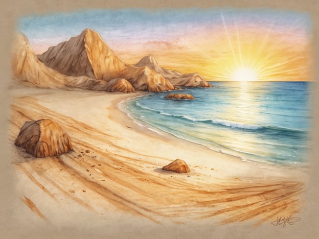 Auf dem Bild ist ein malerischer Strand zu sehen, umgeben von sanften Hügeln und einem ruhigen Meer. Der Sonnenuntergang erzeugt eine warmen Farbtonenharmonie am Himmel, der in gelben und sanften orange Tönen leuchtet. Diese Szenerie erinnert an die schönsten Strände von Fuerteventura, die für ihren feinen Sand, kristallklares Wasser und beeindruckende Landschaften bekannt sind. Hier kann man sich gut entspannen und die Natur genießen.