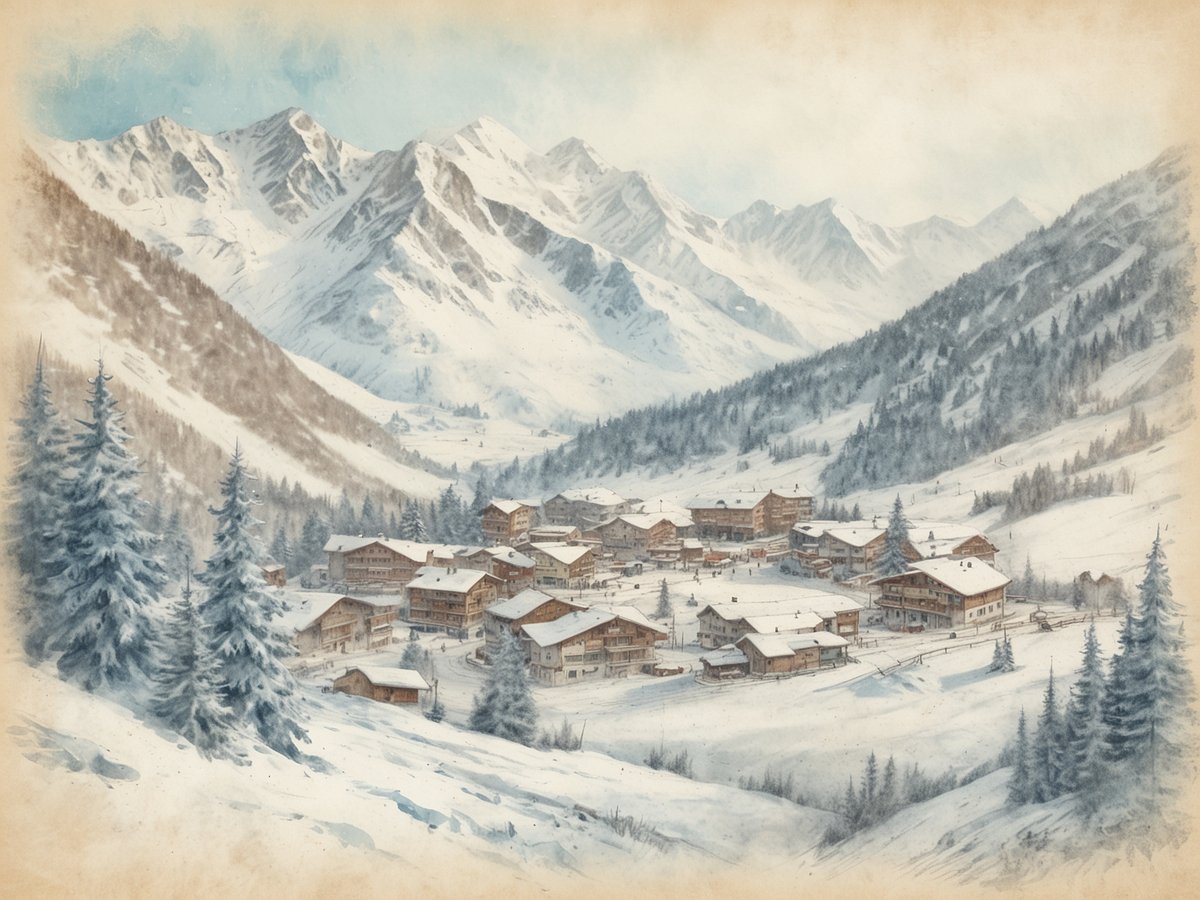 Eine malerische Winterlandschaft von St. Anton am Arlberg mit schneebedeckten Bergen im Hintergrund. Das Dorf ist von einer Vielzahl von traditionellen Holzhäusern geprägt, die in der verschneiten Umgebung harmonisch eingebettet sind. Hohe, grüne Tannenbäume umgeben die Siedlung und verstärken die idyllische Atmosphäre. Der Himmel ist hell und klar, was zu einer friedlichen Stimmung beiträgt. Dies ist ein beliebtes Skigebiet mit Weltruf, ideal für Wintersportliebhaber.