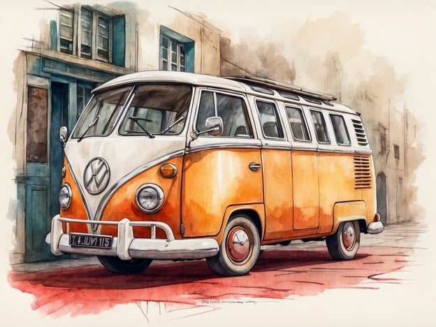 Auf dem Bild ist ein nostalgischer VW-Bus in Orange und Weiß zu sehen. Der Wagen steht vor einer klassischen Kulisse mit sichtbaren Gebäuden im Hintergrund. Das Angebot an Verpflegung und Unterbringung könnte hier darauf hinweisen, dass der VW-Bus ideal für Reisen und Camper-Abenteuer ist, wobei er als mobile Unterkunft dient und Platz für die Zubereitung von Mahlzeiten bieten kann.