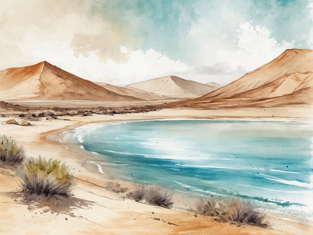 Auf dem Bild ist eine malerische Landschaft zu sehen, die die Schönheit von Fuerteventura widerspiegelt. Die sanften Hügel und Berge im Hintergrund sind in warmen Erdtönen gehalten, während das Wasser in der Bucht in einem klaren Blau leuchtet. Der Strand ist von sanften Wellen umgeben und die Vegetation am Ufer verleiht der Szenerie einen natürlichen Charme. Dieses Bild vermittelt eine ruhige und idyllische Atmosphäre, die typisch für die traumhaften Küsten von Fuerteventura ist.