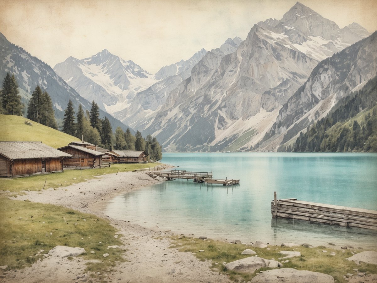 Ein malerischer Blick auf den Achensee in Pertisau, umgeben von majestätischen Bergen. Am Ufer stehen rustikale Holzschuppen, die sanft in die Landschaft integriert sind. Das klare, türkisfarbene Wasser reflektiert die umliegenden Berge, während ein schmaler Sandstrand und glatte Steine am Ufer zu sehen sind. Vereinzelte Holzstege ragen ins Wasser und laden zur Erholung und zum Verweilen ein. Die gesamte Szene strahlt Ruhe und Idylle aus, ideal für einen Erholungsurlaub.