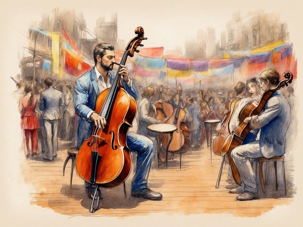 Auf dem Bild ist eine lebhafte Veranstaltung zu sehen, wahrscheinlich ein Musikfestival oder ein Straßenfest. Musizierende Menschen, die verschiedene Instrumente, darunter Cellos, spielen, stehen im Mittelpunkt der Szene. Die Umgebung ist festlich dekoriert mit bunten Fahnen oder Bannern, und im Hintergrund sieht man eine große Menschenmenge, die der Musik lauscht und die Atmosphäre genießt. Es scheint ein besonderes Ereignis zu sein, das Gemeinschaft und Freude feiert.