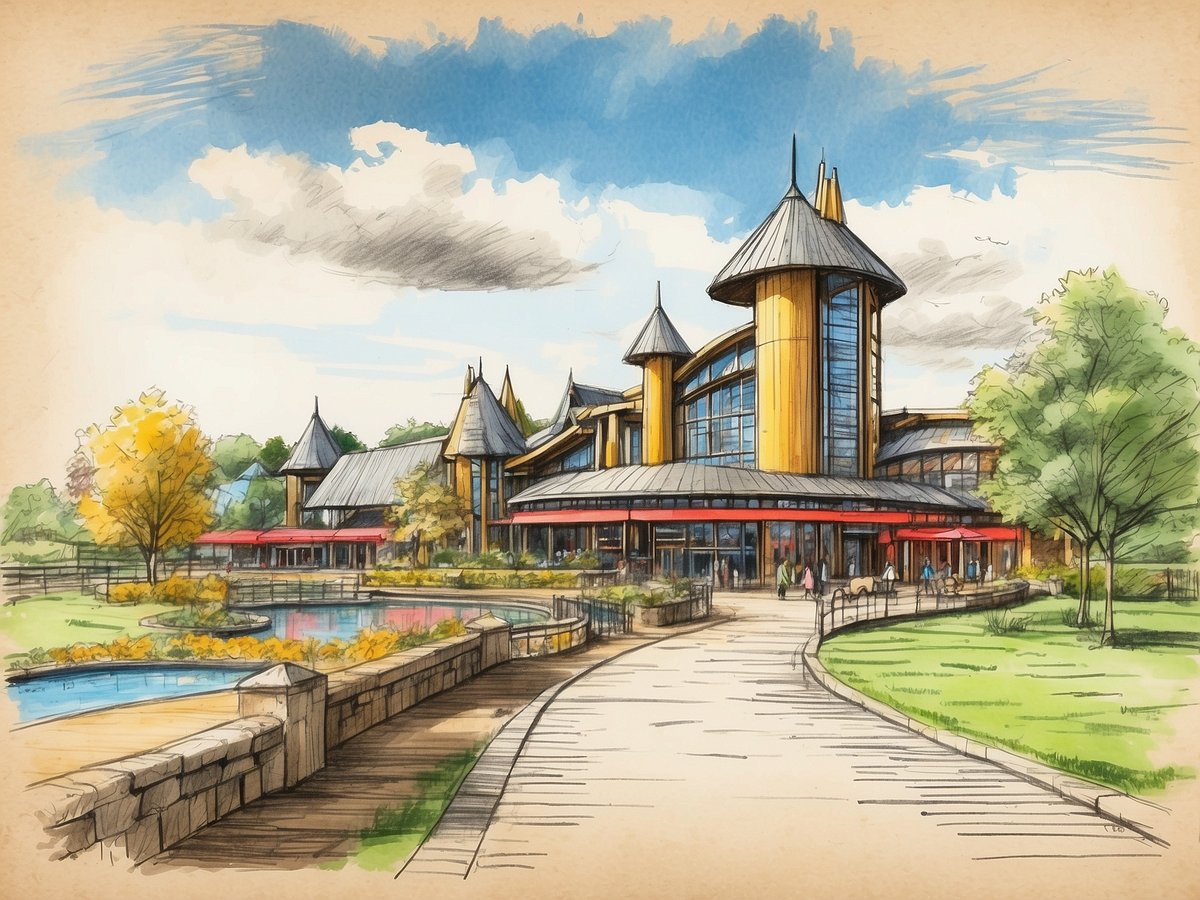 Das Bild zeigt eine künstlerische Darstellung des Eingangsbereichs von Tayto Park in Irland. Der Gebäudekomplex hat mehrere Türme mit spitzen Dächern und einer modernen Glasfassade. Umgeben von einer schönen Gartenlandschaft mit Bäumen, Blumenbeeten und einem Teich erstreckt sich ein gepflasterter Weg, der zum Eingang führt. Auf dem Weg sind Besucher zu sehen, die die Atmosphäre genießen. Der Himmel ist teilweise bewölkt, was dem Bild eine freundliche und einladende Stimmung verleiht.