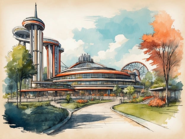 Auf dem Bild ist eine künstlerische Darstellung eines modernen Freizeitparkgebäudes mit futuristischem Design zu sehen. Die Architektur erinnert an Attraktionen, die man in einem Vergnügungspark wie Liseberg finden könnte, der in Göteborg, Schweden, bekannt ist. In Liseberg gibt es zahlreiche aufregende Fahrgeschäfte und Attraktionen, darunter Achterbahnen, Karussells und Veranstaltungsräume. Die Umgebung im Bild mit grünen Bäumen und farbenfrohen Pflanzen könnte auf die schöne Gartenlandschaft des Parks hinweisen. Es könnte ein Hinweis auf eine neue Attraktion oder ein Freizeitbereich sein, der Besucher anzieht.