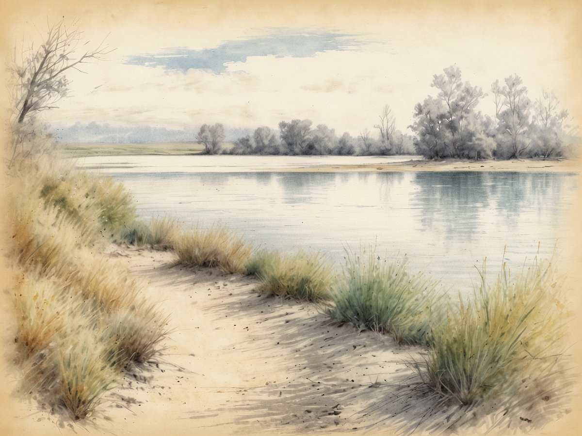 Ein ruhiger Uferbereich am Nationalpark Neusiedler See ist zu sehen. Sanfte Hügel und weite Wiesen erstrecken sich im Hintergrund, während das Wasser friedlich im Vordergrund fließt. Am Ufer wachsen grüne Gräser und einige trockenere Pflanzen, die der Landschaft Struktur verleihen. Die Farben sind sanft und harmonisch, mit einem klaren Himmel und leicht bewölkten Stellen, die für eine entspannte, natürliche Atmosphäre sorgen.