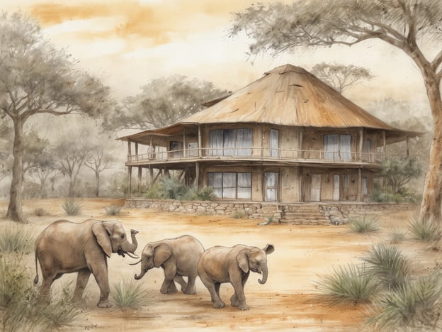 Auf dem Bild ist eine malerische Safari-Lodge in einer afrikanischen Landschaft zu sehen. Die Lodge hat ein charakteristisches, strohgedecktes Dach und ist von Bäumen und Sträuchern umgeben. Vor der Lodge bewegen sich drei Elefanten, die für eine einzigartige Safari-Lodge-Erfahrung typisch sind. Diese Szenerie vermittelt eine harmonische Verbindung zwischen der Tierwelt und der erholsamen Unterkunft in der Wildnis.