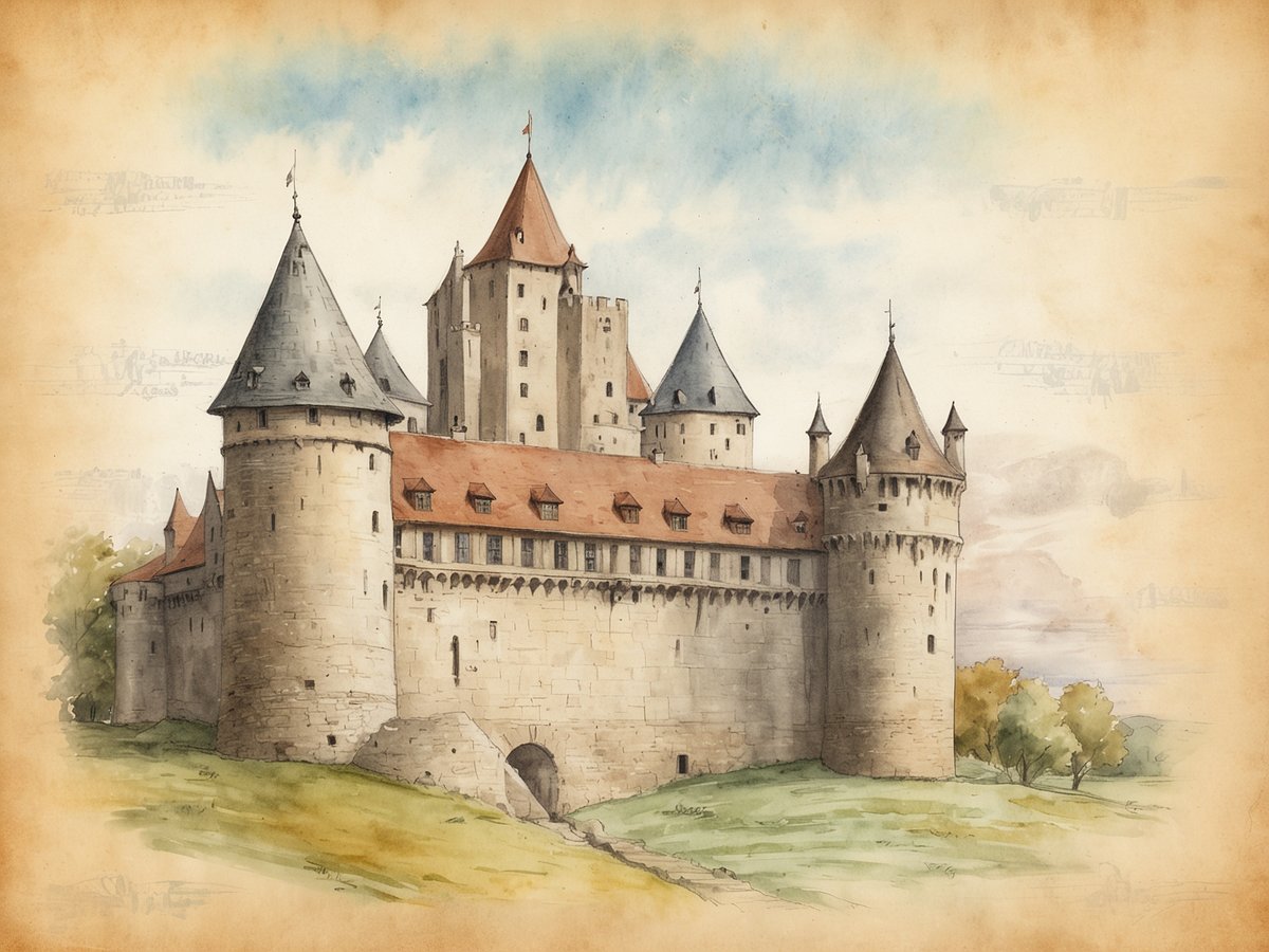 Die Abbildung zeigt eine historische Burg mit mehreren Türmen und Zinnen. Die Burg hat dicke, steinerne Mauern und eine markante Eingangstüre. Die Dächer sind mit roten Ziegeln gedeckt und die Türme sind spitz und teilweise mit grauen Schieferplatten bedeckt. Im Hintergrund ist ein heller Himmel mit sanften Wolken zu sehen, während im Vordergrund eine grüne Wiese verläuft. Bäume flankieren die Burg und vermitteln eine malerische, historische Atmosphäre.