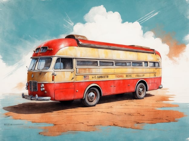 Auf dem Bild ist ein farbenfroher, nostalgischer Reisebus zu sehen, der in einem orange-braunen Wüstensand steht. Der Bus hat eine gelbe und rote Farbgebung und wirkt sehr individuell, möglicherweise aus den 1960er oder 1970er Jahren. 

### Praktische Informationen für Besucher:
- **Fotomöglichkeiten**: Der Bus eignet sich hervorragend für Fotos, insbesondere vor einer malerischen Kulisse.
- **Ort**: Suchen Sie nach Angeboten oder Veranstaltungen, die Oldtimer-Busse ausstellen, um diesen und ähnliche Busse zu sehen.
- **Öffnungszeiten**: Informieren Sie sich im Voraus über die Öffnungszeiten von Museen oder Ausstellungen, die solche Fahrzeuge zeigen.
- **Führungen**: Einige Veranstaltungen bieten Führungen an, wo Sie mehr über die Geschichte des Busses und seiner Zeit erfahren können.