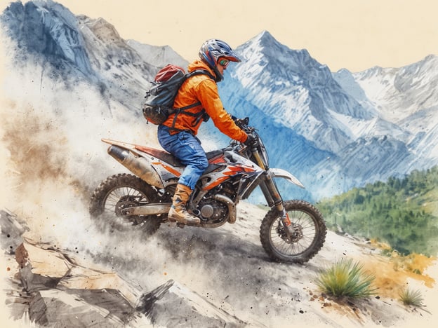 Auf dem Bild ist ein Motocross-Fahrer zu sehen, der mit seiner Maschine eine steile Bergstraße hinauffährt. Die Umgebung ist von beeindruckenden Bergen und einer malerischen Landschaft geprägt. Abenteuerliche Aktivitäten wie Offroad-Motorradfahren und Bergsteigen sind in dieser Szene stark präsent. Der Fahrer trägt Schutzkleidung, was für Sicherheit bei diesem aufregenden Sport wichtig ist.