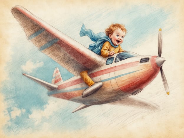 Auf dem Bild ist ein fröhliches Baby zu sehen, das in einem kleinen Flugzeug sitzt und mit einem Umhang aussieht, als ob es fliegen würde. Es scheint, dass das Baby viel Spaß hat und die Freiheit des Fliegens genießt. Diese Darstellung könnte symbolisch für eine Flugreise mit Baby stehen, wobei die Freude und Aufregung, die mit dem Fliegen verbunden sind, in den Vordergrund gestellt wird.