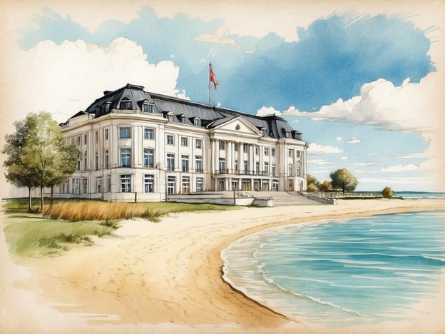 Auf dem Bild ist ein großes, elegantes Gebäude zu sehen, das sich in unmittelbarer Nähe zu einem Strand und einem Gewässer befindet. Das Gebäude hat eine klassische Architektur mit mehreren Fenstern und einem giebelförmigen Dach. Es gibt einige Bäume in der Umgebung, und der Himmel ist teilweise bewölkt. Die Szenerie wirkt einladend und malerisch.