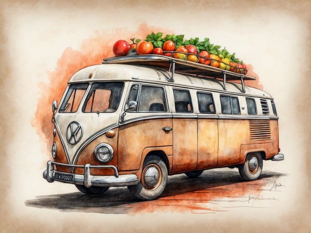 Auf dem Bild ist ein alter VW-Bus zu sehen, der auf dem Dach mit vielen bunten Lebensmitteln, insbesondere Tomaten und Kräutern, beladen ist. Diese frischen Zutaten könnten für eine gesunde Mahlzeit oder einen Picknickausflug verwendet werden. Der Bus vermittelt ein Gefühl von Freiheit und Abenteuer, ideal für einen Ausflug zum Markt oder zum Essen im Freien.