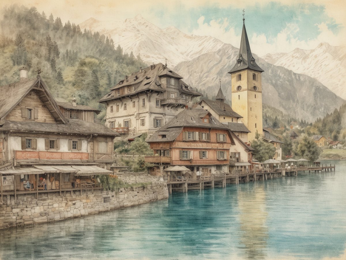 Im Bild ist eine malerische Uferpromenade am Millstätter See zu sehen. Historische Holzhäuser mit farbenfrohen Fassaden reihen sich am Wasser entlang. Ein markanter Kirchturm mit spitzem Dach prägt die Szenerie. Die Umgebung wird von sanften Bergen und grünen Wäldern flankiert, während das klare Wasser des Sees in sanften Blautönen schimmert. Einige Besucher genießen die Atmosphäre auf der Terrasse eines Restaurants, während die friedliche Landschaft eine einladende Erholung verspricht. Die gesamte Szenerie strahlt historischen Charme und natürliche Schönheit aus.