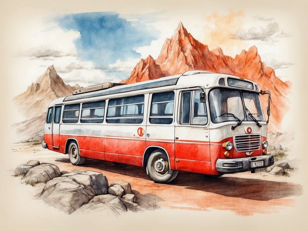 Auf dem Bild ist ein nostalgischer Reisebus zu sehen, der in einem trockenen, bergigen Landschaftsbild gezeichnet ist. Der Bus hat eine rot-weiße Farbgebung und steht auf einer staubigen Straße, umgeben von größeren Felsen. Im Hintergrund sind dramatische Berge und ein blauer Himmel mit einigen Wolken. Die gesamte Szene vermittelt ein Gefühl von Abenteuer und Reise, vielleicht in einer historischen oder rustikalen Umgebung.