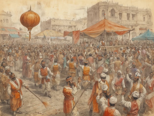 Auf dem Bild ist eine lebhafte Menschenmenge zu sehen, die an einem festlichen Ereignis oder einem Markt teilnimmt. Die Herren tragen traditionelle indische Kleider, häufig in leuchtenden Farben wie Orange und Weiß, was auf Celebrations in vielen indischen Kulturen hinweist.

Einige Personen scheinen an einer Art Tanz oder festlichen Aktivität beteiligt zu sein, begleitet von musikalischen Elementen. Solche Versammlungen könnten an Festen wie dem Diwali-Festival oder anderen kulturellen Feierlichkeiten stattfinden, bei denen Gemeinschaftssinn und Freude im Vordergrund stehen.

Im Hintergrund sind typische Marktstände und eine große Laterne zu sehen, die möglicherweise den festlichen Anlass symbolisieren. Solche Details reflektieren die Vielfalt indischer Traditionen, wo örtliche Feste oft mit einer Mischung aus Musik, Tanz, Nahrung und Kunst verbunden sind.