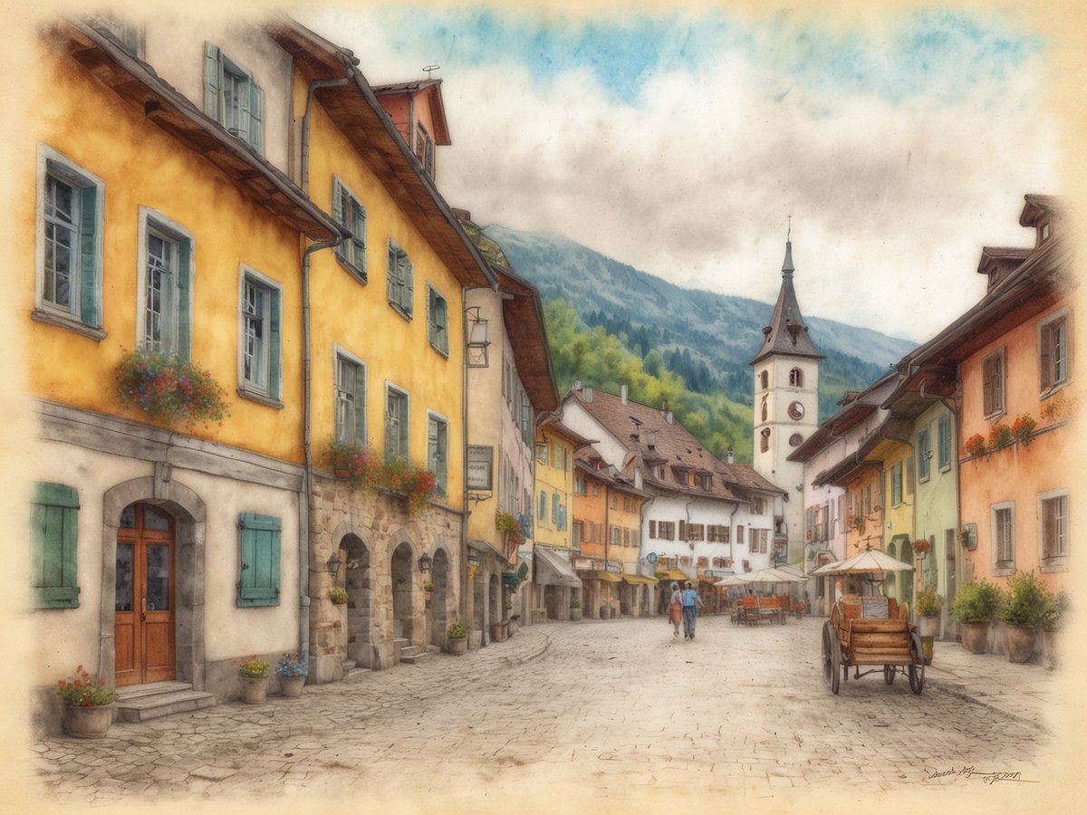 Eine malerische Gasse in Spittal an der Drau mit bunt gestrichenen Häusern in Gelb, Orange und Blau, geschmückt mit Blumenkästen. Im Hintergrund ragt ein Kirchturm mit spitzem Dach empor, umgeben von sanften Hügeln. Die Straße ist gepflastert und bietet Platz für Fußgänger sowie eine Pferdekutsche auf der rechten Seite. Einladende Cafés mit Sonnenschirmen laden zum Verweilen ein, während eine entspannte Atmosphäre die Szenerie prägt.