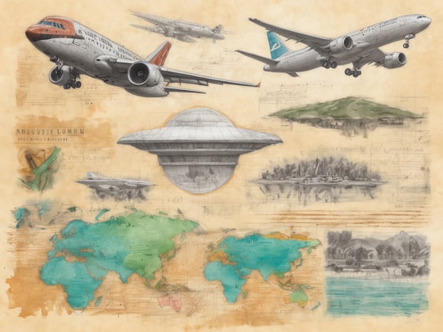 Das Bild zeigt eine künstlerische Collage von verschiedenen Flugzeugen, darunter moderne und historische Modelle. Zusätzlich ist ein schematisches UFO abgebildet, sowie verschiedene geografische Elemente, wie Karten und Landschaften. Diese Darstellung kombiniert technische Zeichnungen mit einer kreativen Interpretation von Luftfahrt und vielleicht auch futuristischen Konzepten. 

Zum Schutz von Umwelt und Luftfahrt könnten Programme zur Emissionsreduzierung und nachhaltigen Energiequellen in der Luftfahrt gefördert werden, um die negative Auswirkung auf die Umwelt zu minimieren.