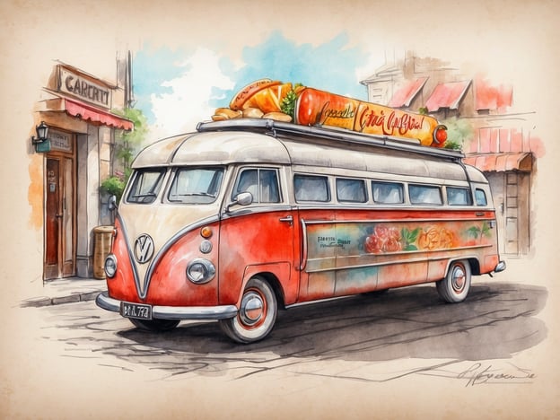 Auf dem Bild ist ein nostalgischer VW-Bus zu sehen, der als mobile Essensbude gestaltet ist. In den Tivoli-Gärten gibt es ebenfalls viele kulinarische Highlights, darunter:

1. **Dänische Hotdogs**: Besonders beliebt sind die klassischen Hotdogs mit verschiedenen Belägen.
2. **Eiscreme**: Eine große Auswahl an köstlichen Eissorten – perfekt für einen warmen Tag.
3. **Skandinavische Delikatessen**: Von frischem Fisch bis zu schmackhaften Gerichten aus der regionalen Küche.
4. **Konditoreiwaren**: Süße Leckereien, die frisch zubereitet werden und oft die traditionelle dänische Backkunst widerspiegeln.

Der VW-Bus könnte also perfekt in dieses kulinarische Ambiente passen!