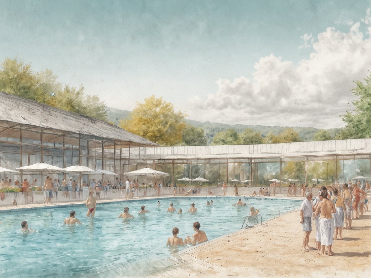 Eine stilvolle Bäderlandschaft mit einem großen Schwimmbecken steht im Mittelpunkt. Rund um das Becken sind zahlreiche Personen zu sehen, einige schwimmen, andere stehen im Wasser. Im Hintergrund erstrecken sich moderne, verglaste Gebäudeteile, die das Licht einfangen, während im Freien Sonnenliegen und Sonnenschirme aufgestellt sind. Grüne Bäume rahmen die Szenerie ein, und der Himmel ist teilweise bewölkt, was eine einladende Atmosphäre schafft. Die Architektur und die Menschen vermitteln ein Gefühl von Eleganz und Entspannung in der lebendigen Bäderkultur von Baden bei Wien.