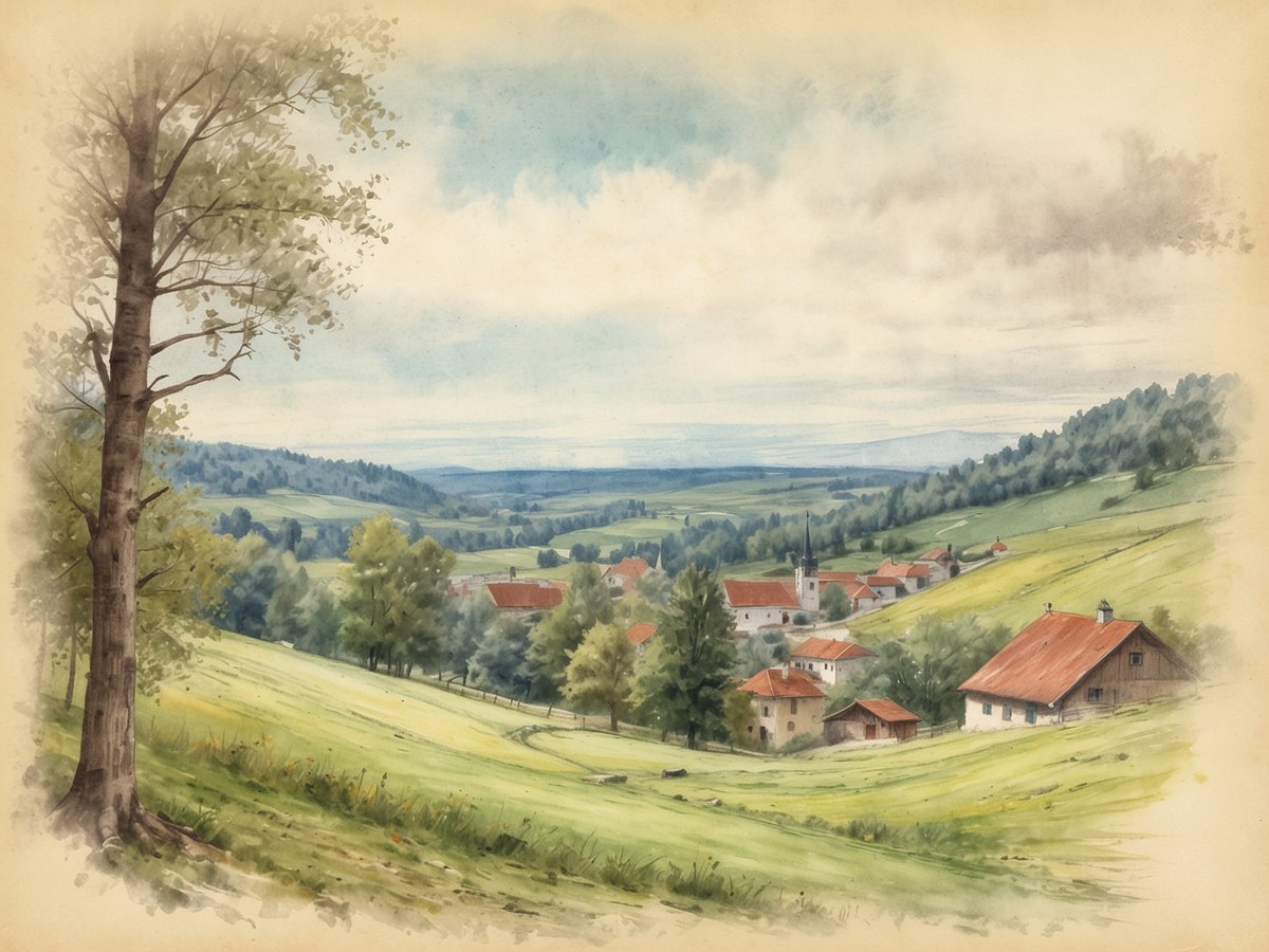 Landschaftliche Idylle mit sanften Hügeln, die von grünen Wiesen und Bäumen geprägt ist. In der Ferne erstreckt sich ein kleines Dorf mit charakteristischen, roten Dächern und einer Kirche, deren Turm sich sichtbar abhebt. Die Farben sind sanft und harmonisch, typisches Wasserfarben-Gemälde, das die entspannte Atmosphäre der Natur und die Beschaulichkeit der ländlichen Umgebung hervorgeht. Der Himmel ist hell mit einigen Wolken, die zum Gesamteindruck der Ruhe und der natürlichen Schönheit beitragen.