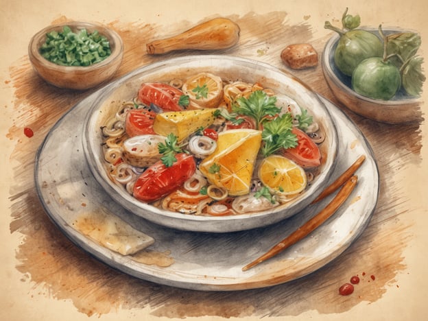 Auf dem Bild ist eine köstliche Schüssel Nudelsuppe zu sehen, die mit verschiedenen frischen Zutaten garniert ist. Die Nudeln sind umgeben von saftigen Tomaten, einer Portion frischem Koriander und bunten Zitrusfrüchten, die dem Gericht einen spritzigen Geschmack verleihen. Neben der Suppe befinden sich einige kleine Schalen mit geschnittene Frühlingszwiebeln und anderen Gemüsesorten, die zusätzliche Frische und Aromen beitragen. Diese Komposition verspricht ein schmackhaftes und einladendes kulinarisches Erlebnis.