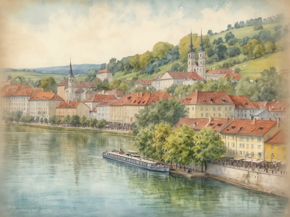 Eine malerische Ansicht von Tulln an der Donau, bekannt als Blumenstadt mit Donauflair. Das Bild zeigt eine ruhige Flusslandschaft, in der die Donau sanft fließt. Auf der linken Seite sind bunte, historische Häuser mit roten Dächern zu sehen, die entlang des Ufers stehen. In der Mitte ragt eine markante Kirche mit zwei Türmen in den Himmel. Grüne Hügel umrahmen die Stadt und bieten eine schöne Kulisse. Am Ufer sind Bäume und eine Promenade, auf der Spaziergänger und Besucher zu sehen sind. Ein Schiff liegt an einem Steg, was das Bild lebendig macht. Der Himmel ist hell und strahlend, was eine friedliche Stimmung vermittelt.