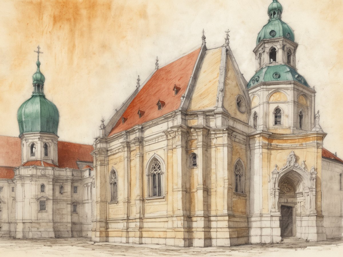 Eine detaillierte Darstellung der Architektur in Klosterneuburg, am Stadtrand von Wien, zeigt eine Kirchenfassade mit einem hohen, grünen Kuppelturm und einem Eingangsbereich mit kunstvollen Verzierungen. Die Wände sind in sanften Gelbtönen gehalten und kontrastieren mit den roten Ziegeldächern. Im Hintergrund sind weitere Gebäudeteile sichtbar, die den historischen Charme der Stadt unterstreichen. Der Himmel ist leicht verblasst, was eine nostalgische Atmosphäre vermittelt.