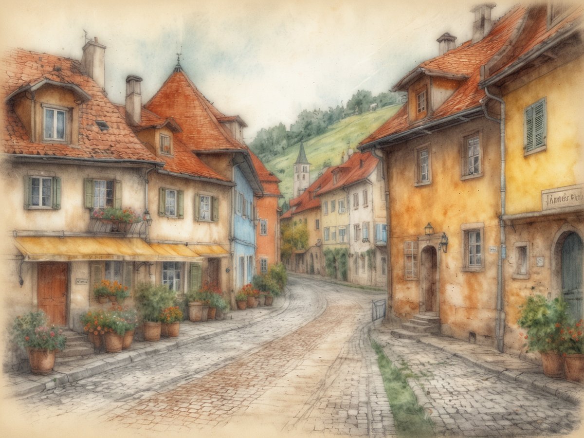 Die malerische Straße in Amstetten zeigt eine harmonische Mischung aus historischen Gebäuden mit roten Ziegeldächern und bunten Fassaden. Blühende Pflanzkübel säumen die Gehwege, während die sanft geschwungene Straße in einen sanften Hügel führt. Im Hintergrund ragt der Turm einer Kirche empor, umgeben von grünen Wiesen und sanften Hängen. Die Atmosphäre ist lebendig und dennoch beschaulich, was den ländlichen Charme dieser dynamischen Stadt betont.