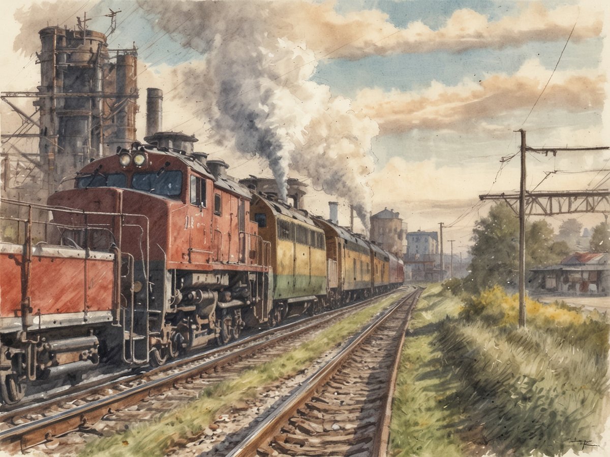 Eine rote Lokomotive zieht mehrere Waggons entlang einer Eisenbahnlinie, umgeben von einer industriellen Kulisse in Neunkirchen. Im Hintergrund sind hohe Fabrikgebäude und Rauchschlotter zu sehen, die Rauch in den Himmel blasen. Die Landschaft ist mit Gleisen und Grünflächen gesäumt, während Wolken in einem blauen Himmel sichtbar sind. Die Szene verkörpert den Kontrast zwischen Tradition und Natur in der Industrieregion.