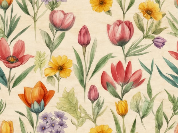 Auf dem Bild sind verschiedene Blumen in stilisierter Form zu sehen. Zu den prominentesten Blüten gehören Tulpen, die in unterschiedlichen Farben dargestellt sind, sowie weitere Blumen wie Ringelblumen und Veilchen. Die Darstellung der Blumen ist verspielt und lebhaft, mit unterschiedlichen Formen und Anordnungen, die eine fröhliche und angenehme Atmosphäre vermitteln.