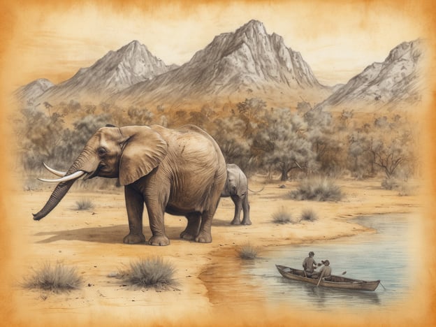 Auf dem Bild ist eine beeindruckende Szene aus der südafrikanischen Natur zu sehen. Ein majestätischer Elefant steht am Ufer eines Gewässers, umgeben von einer trockenen Landschaft mit Bergen im Hintergrund. Auf dem Wasser sitzen zwei Personen in einem Kanu und genießen die ruhige Umgebung. Diese Darstellung vermittelt ein Gefühl von Abenteuer und Naturerlebnis, das viele Reisende in Südafrika suchen. Es erinnert an Safari-Abenteuer, wo man die majestätische Tierwelt und die atemberaubende Landschaft hautnah erleben kann.