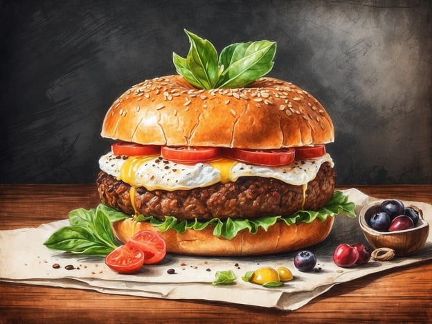 Auf dem Bild ist ein großer Hamburger zu sehen, der mit einem Brötchen, einem Patty, Tomatenscheiben, einem Spiegelei und frischem Gemüse, wie Salat und Basilikum, belegt ist. Neben dem Burger liegen einige frische Tomaten und eine Schale mit verschiedenen Früchten, darunter Blaubeeren und Kirschen. Es gibt auch ein paar Senf- und Ketchuphäufchen auf dem Papier.