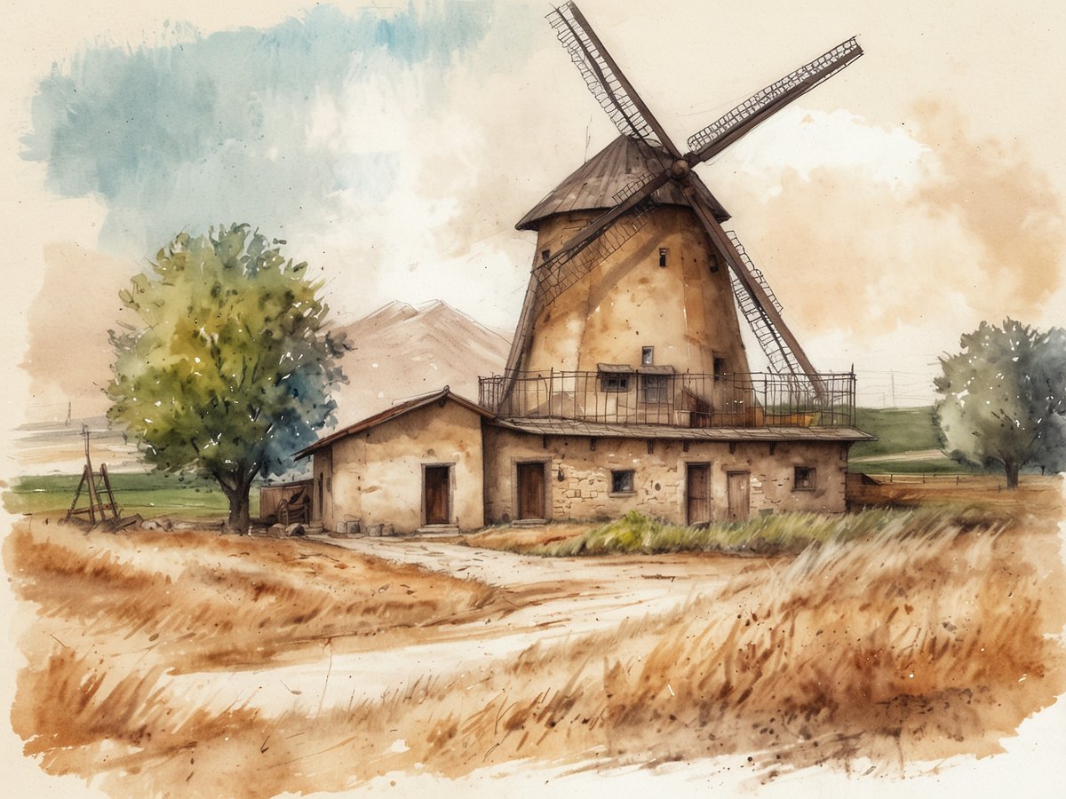 Ein idyllisches Landschaftsbild zeigt eine traditionelle Windmühle, umgeben von sanften Hügeln und einem weiten, goldenen Feld. Die Mühle hat ein hölzernes Dach und große Flügel, die sich majestätisch in den Himmel strecken. Im Vordergrund stehen ein paar Bäume und ein Wegezeichen. Die farbliche Gestaltung des Bildes vermittelt eine ruhige Atmosphäre, mit sanften Erdtönen und einem blauen Himmel im Hintergrund.