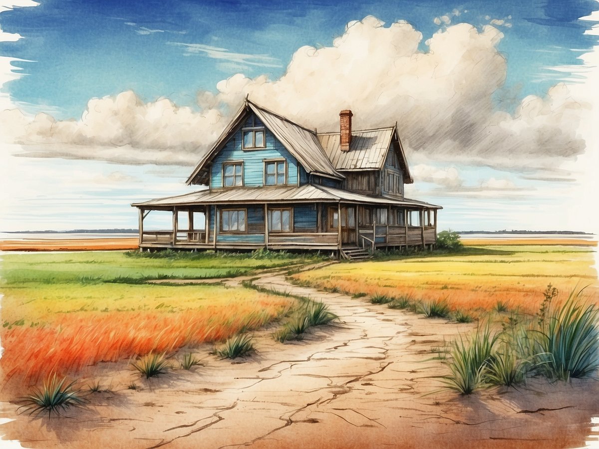 Ein blaues Holzhaus steht auf einer großen Wiese, umgeben von grünem und orangefarbenem Gras. Vor dem Haus führt ein trockener, krummer Weg durch die Landschaft. Der Himmel ist mit einigen Wolken bedeckt, und man kann die Weite des Wassers im Hintergrund erkennen. Die Szene strahlt eine ruhige, ländliche Atmosphäre aus.