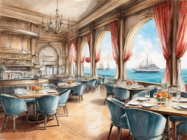 Auf dem Bild ist ein elegantes Restaurant in Travemünde zu sehen, das durch große Fenster einen Blick auf das Wasser bietet. Die Inneneinrichtung ist stilvoll mit Holzelementen und blauen Stühlen gestaltet. Auf den Tischen sind Blumengestecke und gedecktes Geschirr zu erkennen, was auf ein gehobenes Essen hinweist. Ideal für eine Mahlzeit mit frisch gefangenem Fisch oder regionalen Spezialitäten aus der Lübecker Bucht, dazu vielleicht ein Glas lokalen Weins oder einen erfrischenden Cocktail, während man die Aussicht auf die vorbeifahrenden Schiffe genießt.