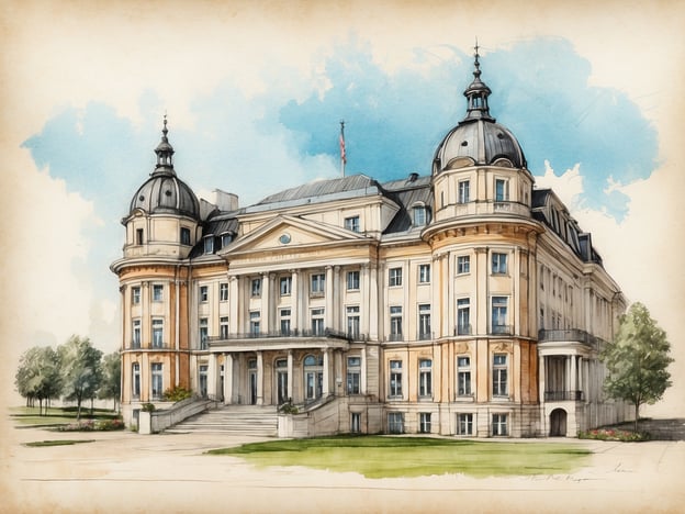 Auf dem Bild ist ein architektonisches Gebäude zu sehen, das vermutlich ein historisches oder repräsentatives Bauwerk darstellt. Es hat eine beeindruckende Fassade mit einem symmetrischen Design, geschwungenen Linien und mehreren Kuppeln oder Türmchen. Vor dem Gebäude befinden sich Grünflächen und Bäume, die eine elegante Umgebung schaffen. Die Illustration scheint im Aquarellstil gehalten zu sein, was dem Bild eine künstlerische Note verleiht.