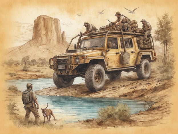 Auf dem Bild ist ein Geländewagen in einer bemerkenswerten Landschaft zu sehen, typisch für das Abenteuererlebnis in Südafrika. Solche Fahrzeuge werden oft für Safari-Touren verwendet, um die Tierwelt zu erkunden und aus nächster Nähe zu beobachten. Die Szene könnte auch auf eine Expedition hinweisen, bei der Gruppen von Abenteurern durch die Wildnis fahren, um die beeindruckende Natur, Wasserstellen und die charakteristischen Berglandschaften zu entdecken.

Ein weiteres spannendes Erlebnis, das damit verbunden sein könnte, ist das Wandern oder Birdwatching in der Umgebung, wo man die vielfältige Flora und Fauna hautnah erleben kann. Die Anwesenheit eines Hundes deutet darauf hin, dass Begleittiere oft ein Teil solcher Abenteuer sind, um beim Aufspüren von Wildtieren zu helfen oder einfach zur Gesellschaft.