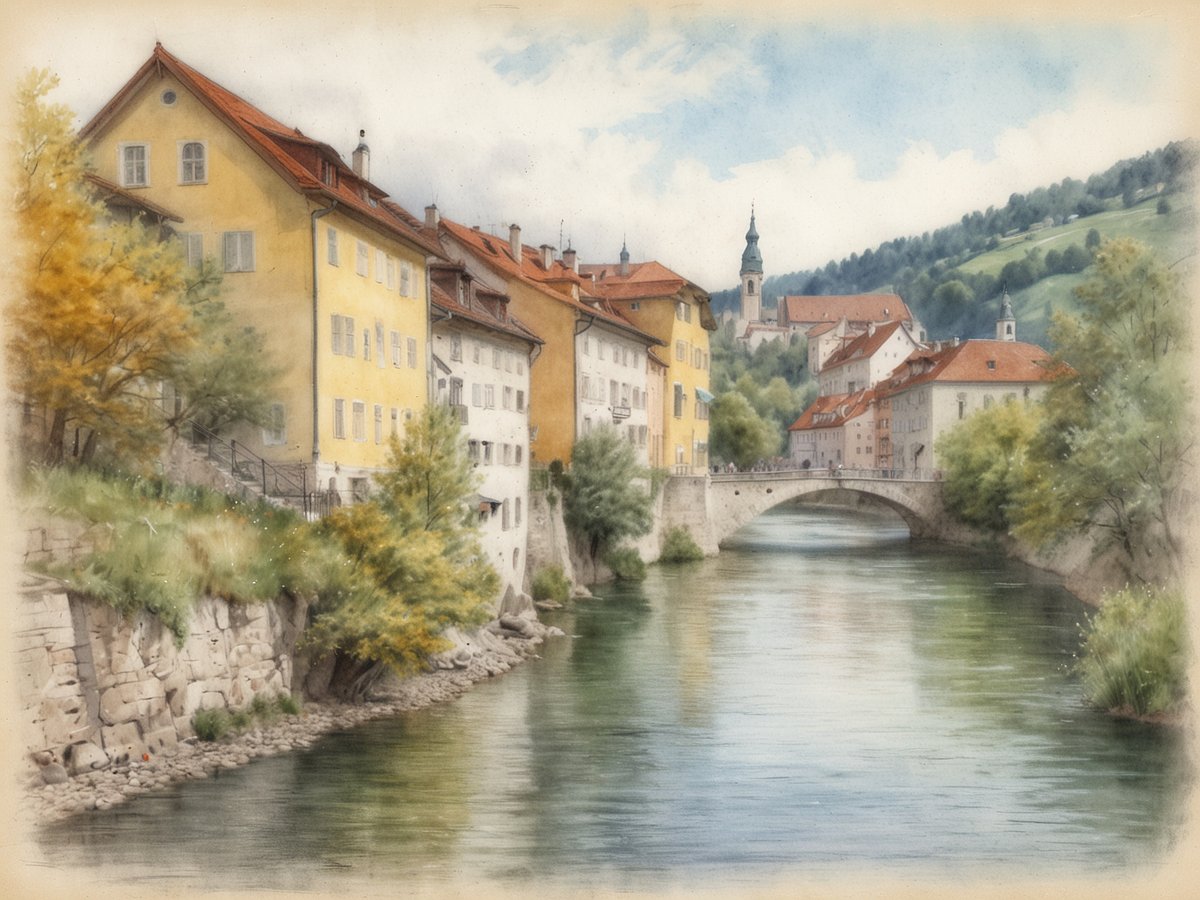 Eine malerische Ansicht der Stadt Steyr, wo drei Flüsse sich treffen. Im Vordergrund fließt ruhig ein Wasserlauf, eingerahmt von einer charmanten Uferpromenade. Auf der linken Seite sind deutlich erkennbare Natursteinkanten und üppiges Grün, während auf der anderen Seite bunte, historische Häuser mit roten Dächern stehen. Im Hintergrund erhebt sich eine Kirche mit markantem Turm, umgeben von sanften Hügeln, die die idyllische Szene abrunden. Der Himmel ist leicht bewölkt, was eine romantische Atmosphäre schafft.