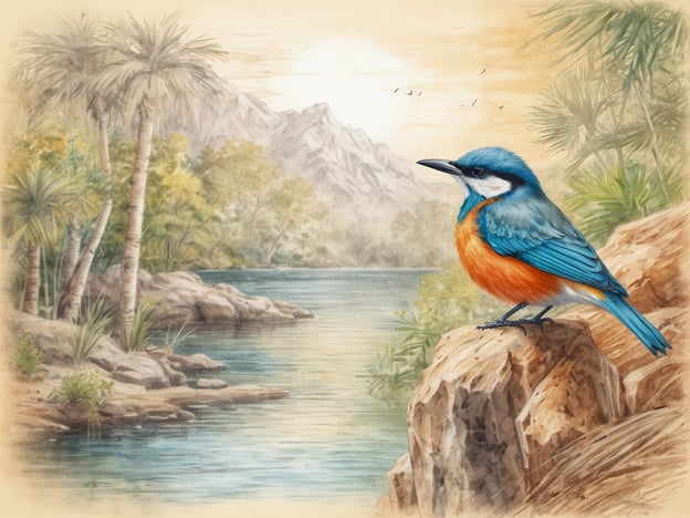 Auf dem Bild ist ein farbenfroher Vogel zu sehen, der auf einem Felsen sitzt, umgeben von einer malerischen Landschaft mit einem Fluss und grünen Pflanzen. Es erinnert an die besten Vogelbeobachtungsgebiete, wie etwa die Feuchtgebiete in Europa, wo häufig Eisvögel anzutreffen sind. Diese Gebiete bieten reichlich Nahrung und Nistplätze für verschiedene Vogelarten und sind ideale Orte für Vogelbeobachter, um die Vielfalt der heimischen aviaren Fauna zu genießen.